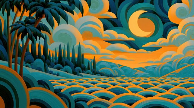 Abstract surreal tropical landscape illustration with swirling waves, palm trees, and a crescent moon in a starry night sky