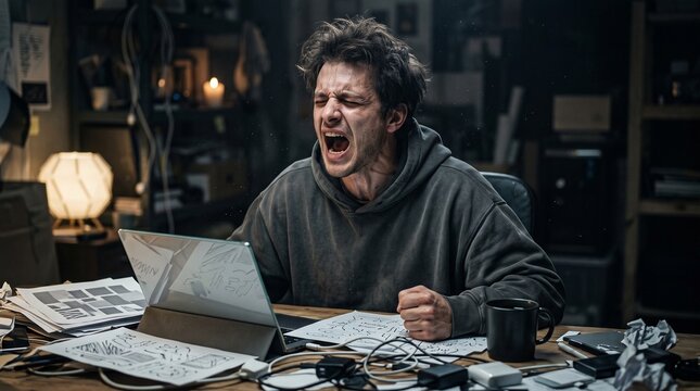 A visibly stressed person at a cluttered desk screams in frustration, overwhelmed by demanding work or a challenging technical problem, reflecting intense professional burnout