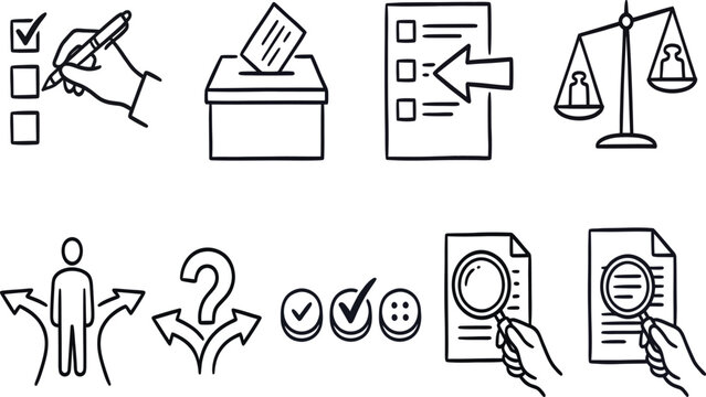 Line art icons depicting voting justice and legal processes on a white background ballot box scales system election law court