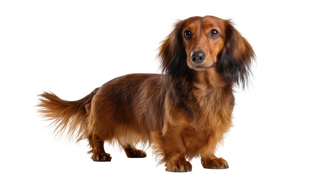 Long-haired brown dachshund dog standing on white