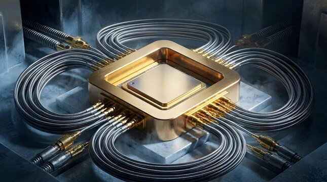 A gold-framed quantum computer core surrounded by coiled cables in a dark lab setting.
