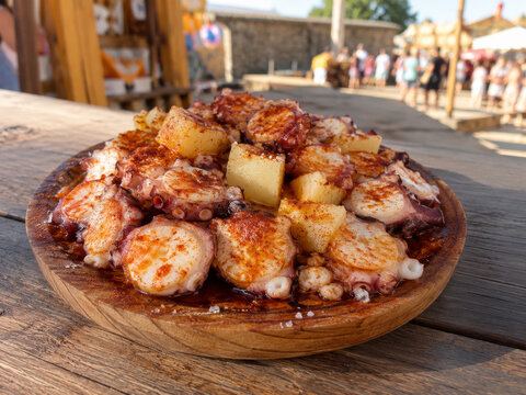 El plato de pulpo con papas en un mercado de comida en verano