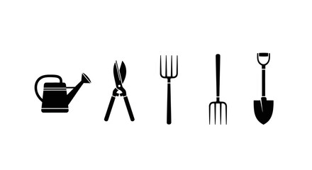 Gardening tools icons set including watering can pruners fork pitchfork shovel © Prema