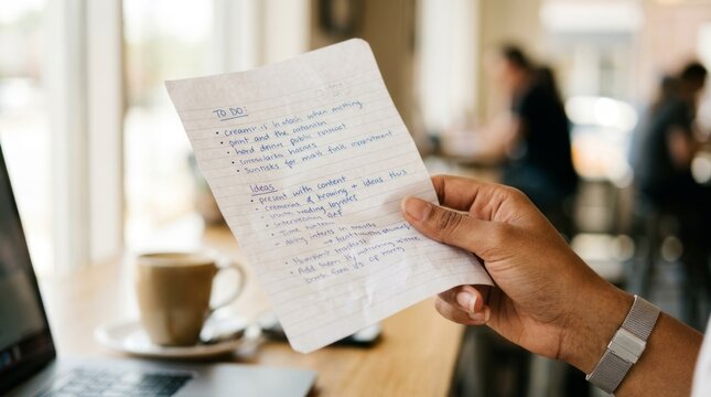Person reviewing handwritten notes while working on laptop at home.