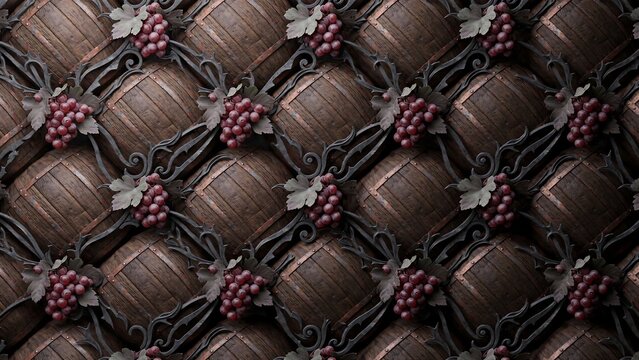 Wine barrels with grapes and leaves seamless pattern texture background