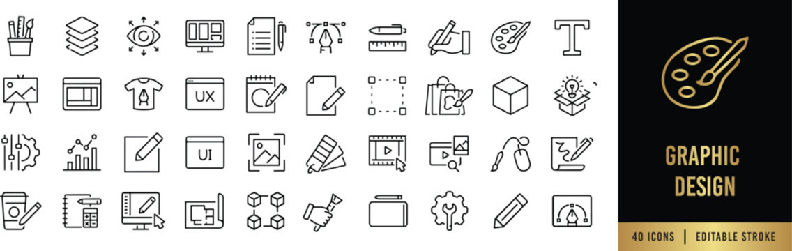 Graphic Design and Digital Art Line Icon Set - 40 Editable Stroke Symbols for UX UI and Creative Studio
