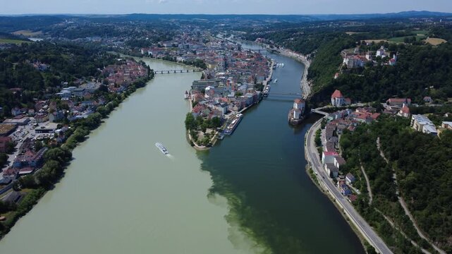 Aerial Passau, Germany: approaching the confluence of Danube, Inn and Ilz rivers