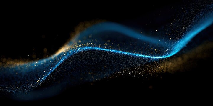 Abstract blue and gold light particles flowing in a dark, wavy pattern