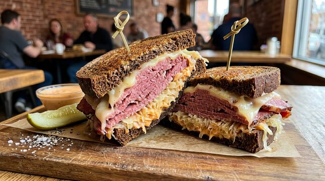 Hearty deli sandwich stacked with corned beef, sauerkraut and melted cheese served with pickle and sauce