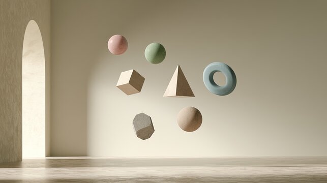 Abstract composition of floating geometric and spherical objects in a minimalist room