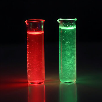 Two transparent quartz cuvettes containing rare earth element solutions, one glowing intense pure red (Europium) and the other bright green (Terbium) under ultraviolet blacklight, dark studio backgrou