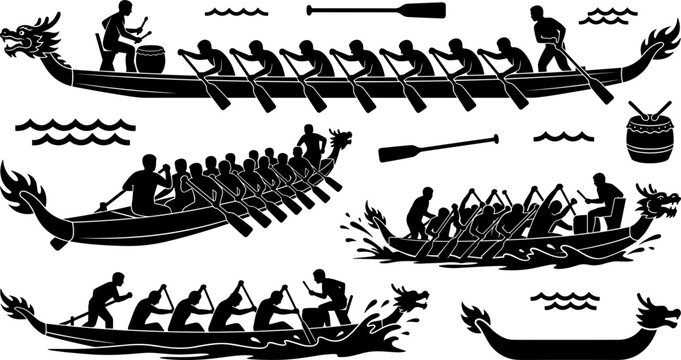 Traditional Chinese Dragon Boat Festival Silhouette Icon Set Featuring Racing Boats Teams of Paddlers Drummers Steersmen Oars and Water Wave Symbols Vector