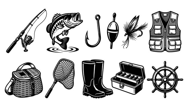 Fishing Gear Set Including Rod, Fish, Hook, Lure, Fly, Vest, Basket, Net, Boots, Tackle Box, and Ship Wheel
