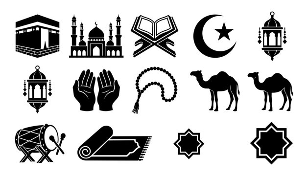 Islamic Symbols and Icons Representing Culture and Religion Featuring Islam, Crescent, Star with Mosque and Kaaba Elements