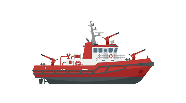 Red Fireboat with Water Cannons, Maritime Emergency Rescue Vessel