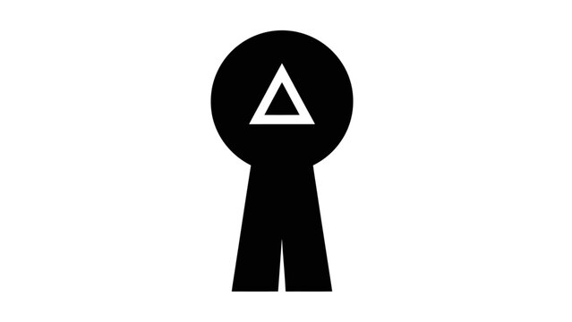 Minimalist black and white geometric icon featuring a triangular symbol on a circular background