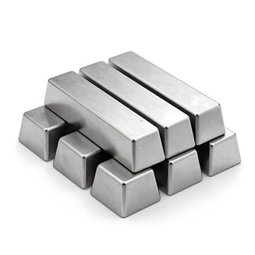Geometric 3D render of high-purity rare earth metal ingots (Dysprosium, Gadolinium) arranged in a perfect row, polished liquid-silver texture, cold metallic sheen, crystalline structure visible on the