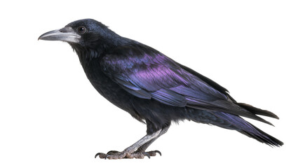 Fototapeta premium Black bird with iridescent purple feathers on white