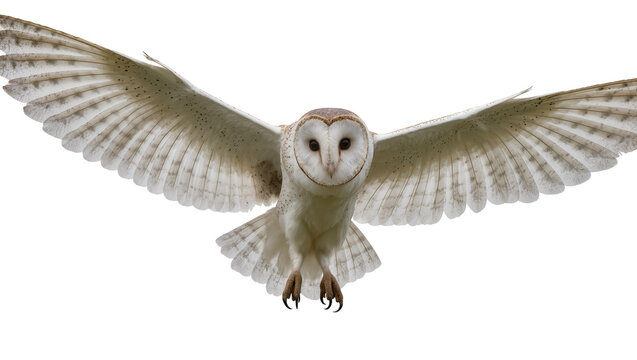 Barn owl flying with wings spread wide