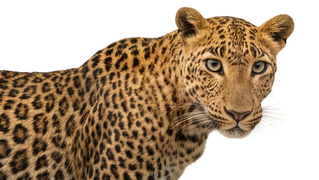 Leopard head and shoulder portrait with spotted fur
