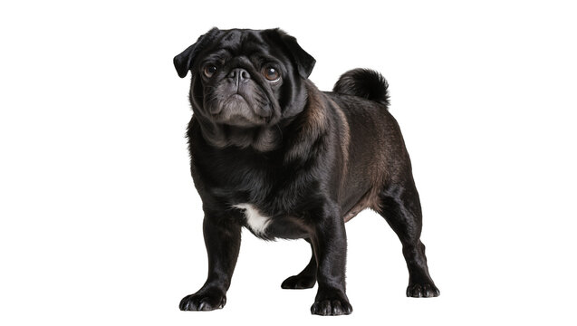 Black pug dog standing full body, white