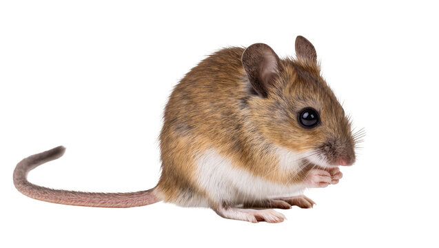 Small brown and white mouse with black eyes and long tail