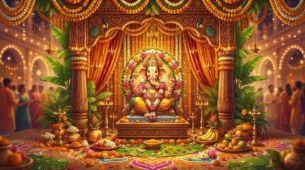 Fototapeta premium Ganesh Chaturthi festival celebration with decorated Ganesha statue and offerings