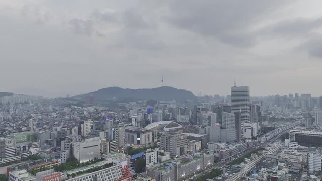 Aerial Drone View of Jongno Cityscape near Dongmyo Station and DDP Dongdaemun Design Plaza in Seoul, South Korea