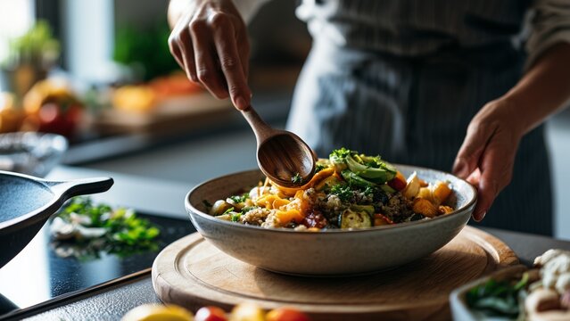 Healthy Homemade Grain Bowl with Fresh Avocado and Roasted Vegetables in Bright Contemporary Kitchen Environment
