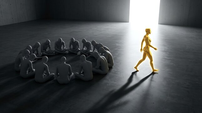 Golden Figure Walking Away from Group in Circle