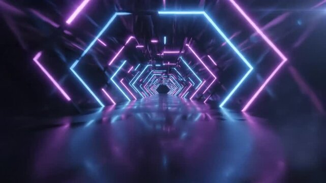 Hexagonal neon tunnel with reflective floor in shades of pink and blue creating a futuristic and immersive digital environment with geometric patterns