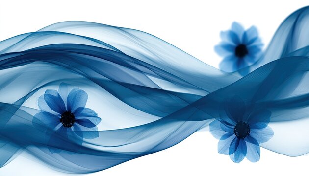 Elegant blue wisps of fabric flow around delicate translucent flowers