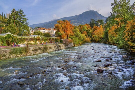 River Passer with winter promenade in the spa area in autumn, Merano, Burggrafenamt, Adige Valley, South Tyrol, Italy