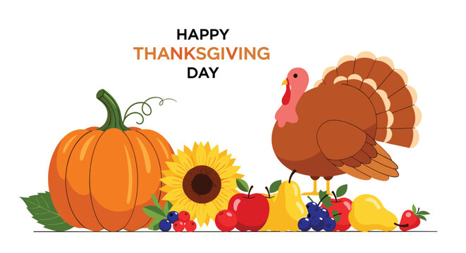 Festive Thanksgiving spread featuring a roasted turkey, plump pumpkin, bright sunflower, various fruits, and berries, with "Happy Thanksgiving Day" text.