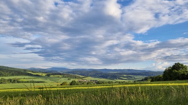 Sunny summer landscape with fields, meadows and forests (smartphone photo), H&uuml;bental, Witzenhausen, Werra-Mei&szlig;ner-Kreis, North Hesse, Germany
