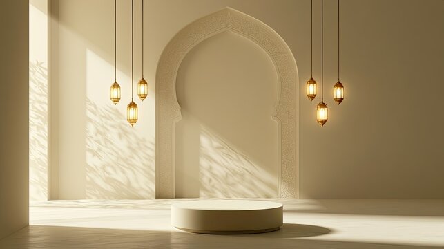 Elegant minimalist stage with Islamic architectural arch and hanging lanterns
