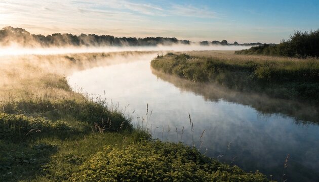 Misty river bend through wild meadow at dawn, golden sunlight glowing in low fog, calm reflective water, lush grasses and distant trees, serene rural wetland nature landscape scenery