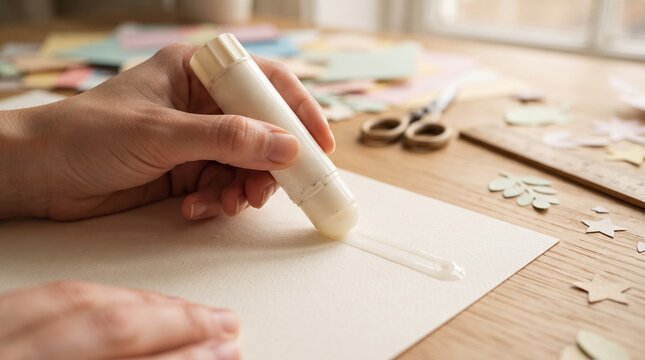 Hand glue stick applying adhesive to paper surrounded by craft supplies  