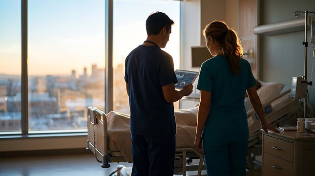 Medical Professionals Reviewing Patient Data on Tablet in Hospital Room