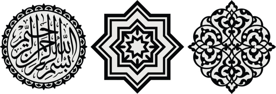 Three distinct black and white circular and star shaped islamic geometric patterns on... d