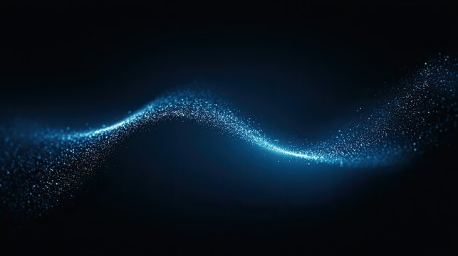 Luminous blue particles form a flowing wave against a dark background