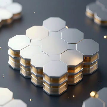  Abstract layered hexagonal plates or battery cell textures made of rare earth alloys, shimmering metallic gradients from silver to pale gold, representing hydrogen storage and clean energy catalysts,