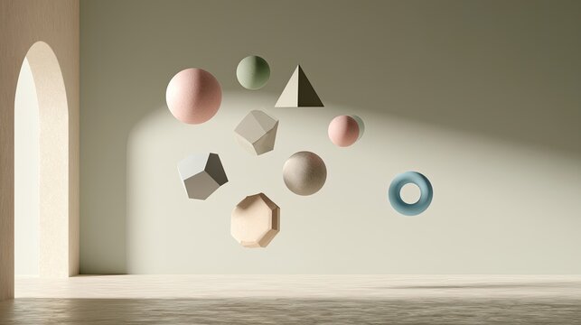 Muted geometric shapes gracefully float in a sunlit, minimalist architectural space