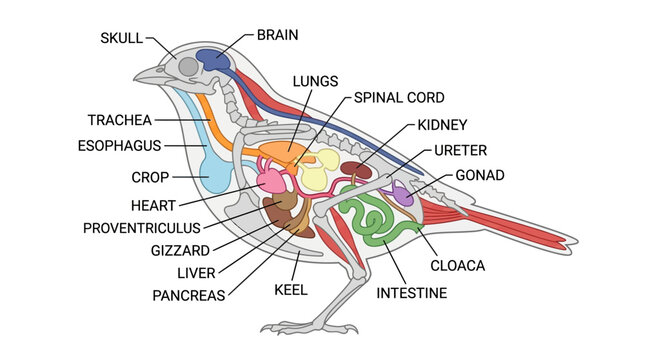 Bird Anatomy Illustration: Detailed Diagram of Internal Organs and Skeletal Structure