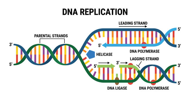 DNA Replication Process Illustration: Leading and Lagging Strands