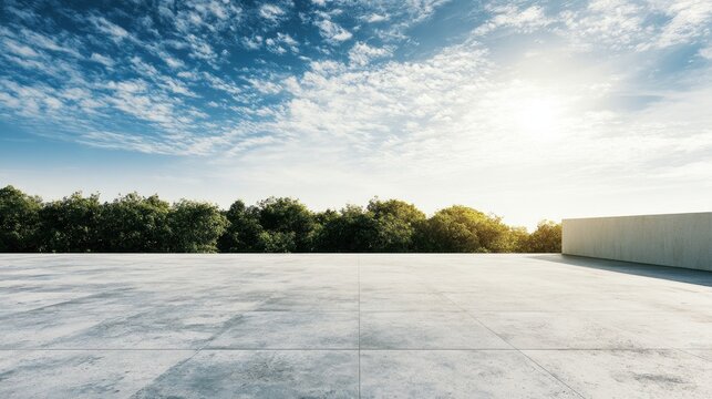 Open concrete plaza beneath a bright, cloudy sky with lush trees