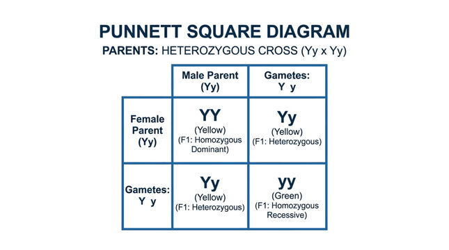 Punnett Square Diagram: Heterozygous Cross (Yy x Yy) - Genetics Biology Education