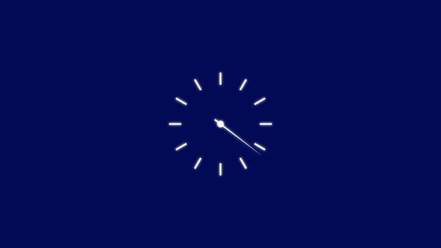Minimalist analog clock face animation with rotating hands on blue background