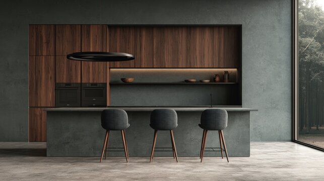 Modern minimalist kitchen with sleek dark wood cabinets and island
