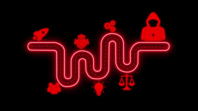 Neon business roadmap infographic: startup growth, strategy, and cybersecurity concepts